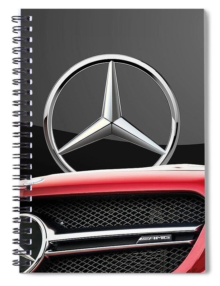 'auto Badges' By Serge Averbukh Spiral Notebook featuring the photograph Red Mercedes - Front Grill Ornament and 3 D Badge on Black #1 by Serge Averbukh