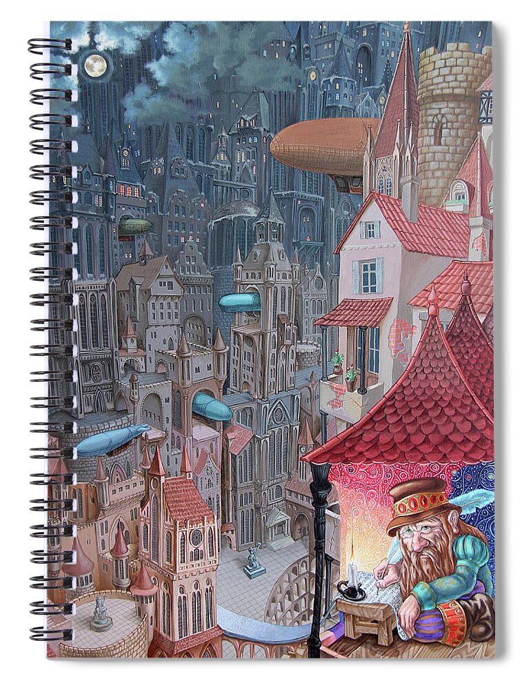 Dieselpunk Spiral Notebook featuring the painting Saga of the City of Zeppelins #1 by Victor Molev