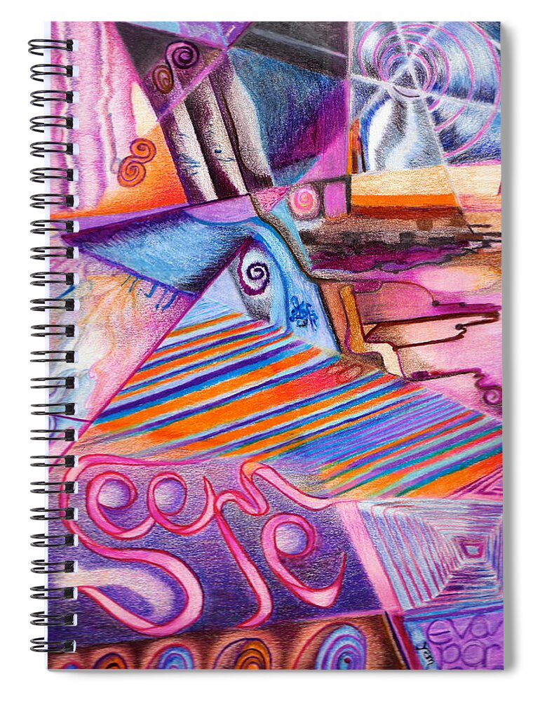 Abstract Imaginary Pink Purple Orange Colored Pencils Spiral Notebook featuring the drawing See Me Evaporate #1 by Suzanne Udell Levinger