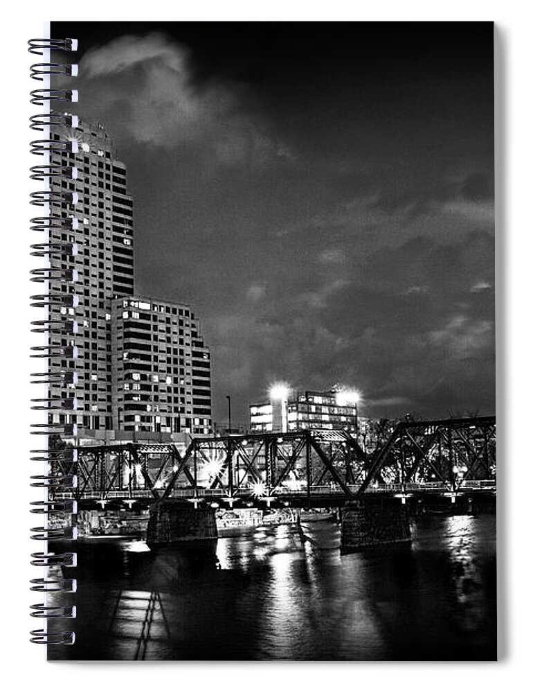 Bridge Spiral Notebook featuring the photograph The Blue Walking Bridge at Night in Grand Rapids #1 by Randall Nyhof