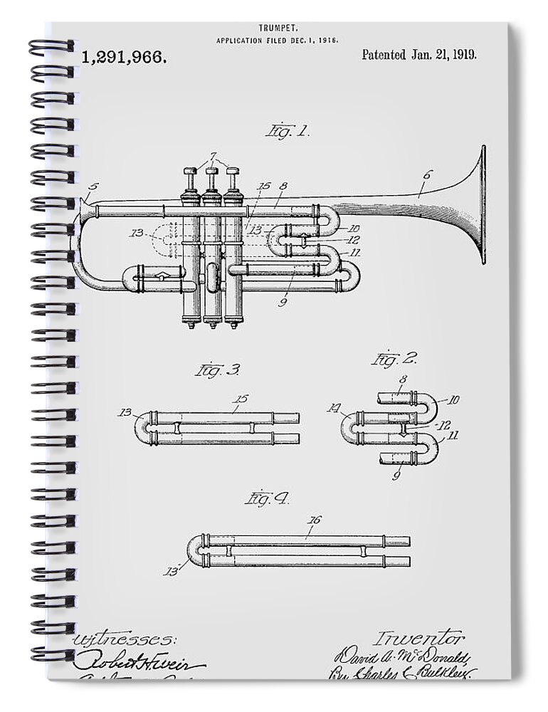 Trumpet Spiral Notebook featuring the photograph Trumpet patent from 1919 #2 by Chris Smith