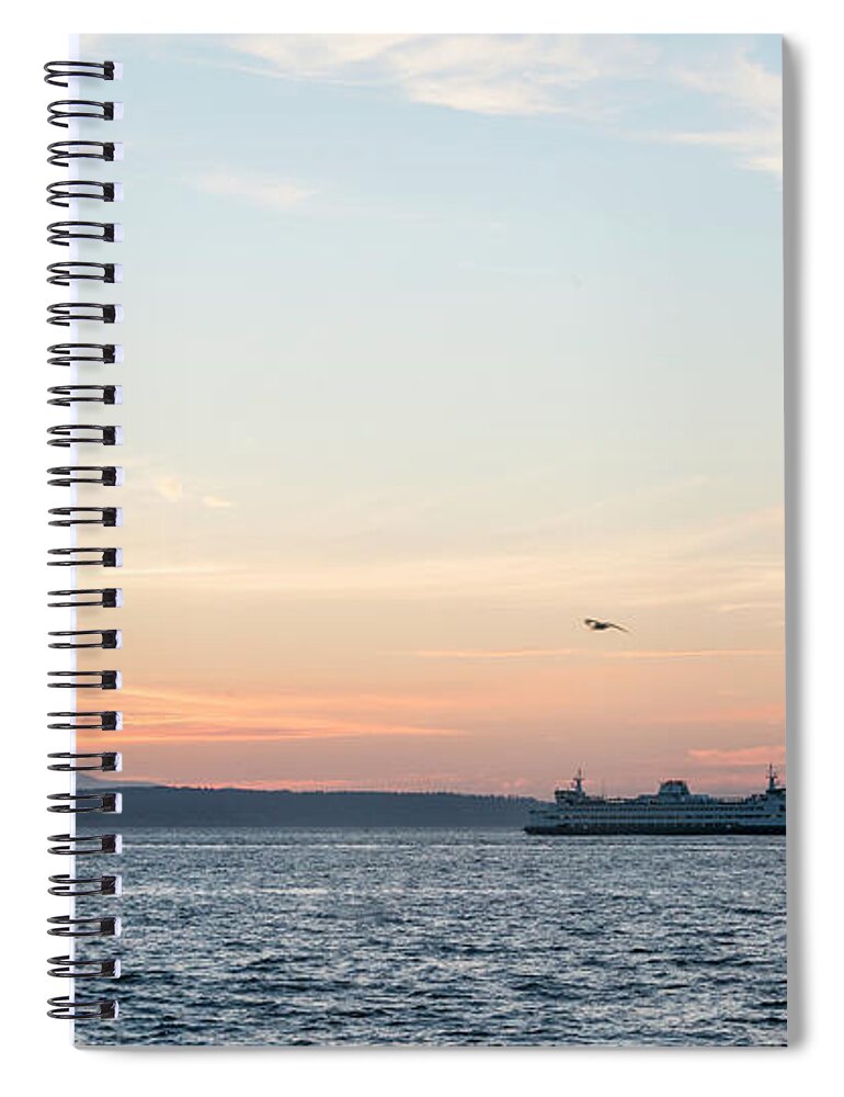 Sunset; Twilight; Puget Sound; Ferry; Paddler; Alki Beach; Outdoor; Landscape; Spiral Notebook featuring the digital art Twilight in Puget Sound #2 by Michael Lee