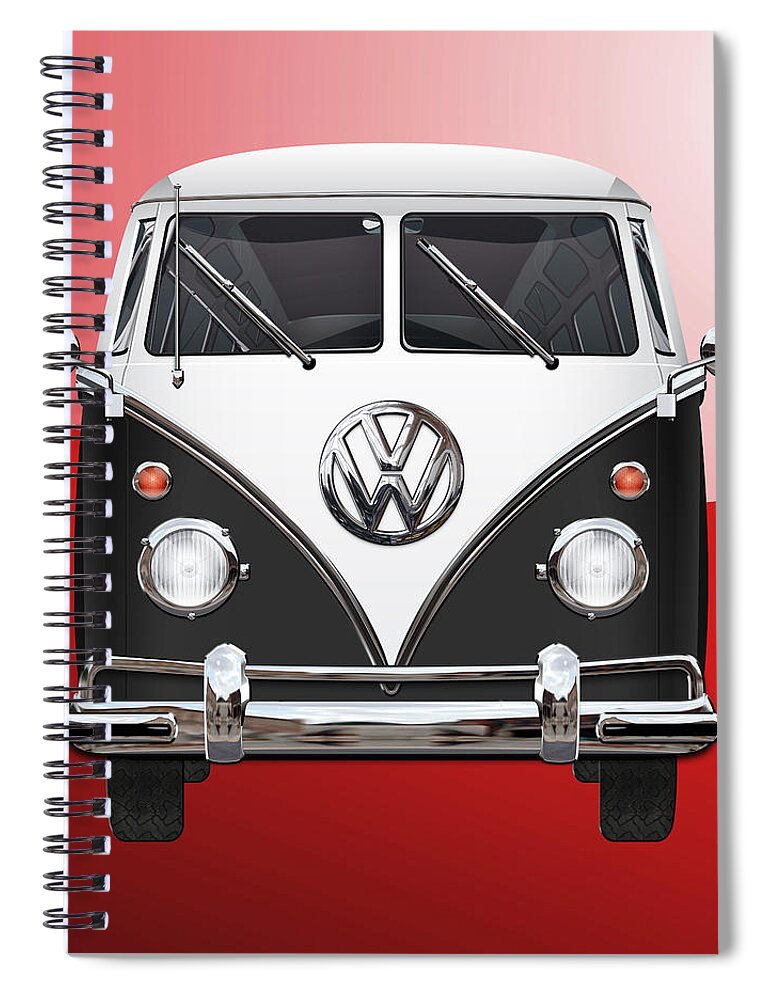 'volkswagen Type 2' Collection By Serge Averbukh Spiral Notebook featuring the photograph Volkswagen Type 2 - Black and White Volkswagen T 1 Samba Bus on Red by Serge Averbukh