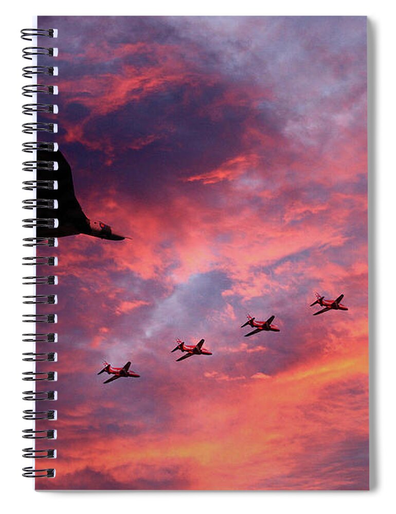 Avro Vulcan Bomber Xh558 Sunset Formation With The Red Arrows Spiral Notebook featuring the digital art Vulcan XH558 and Red Arrows by Airpower Art