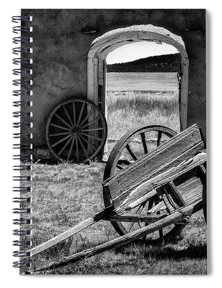 New Mexico Spiral Notebook featuring the photograph Wagon Wheels in bw by James Barber