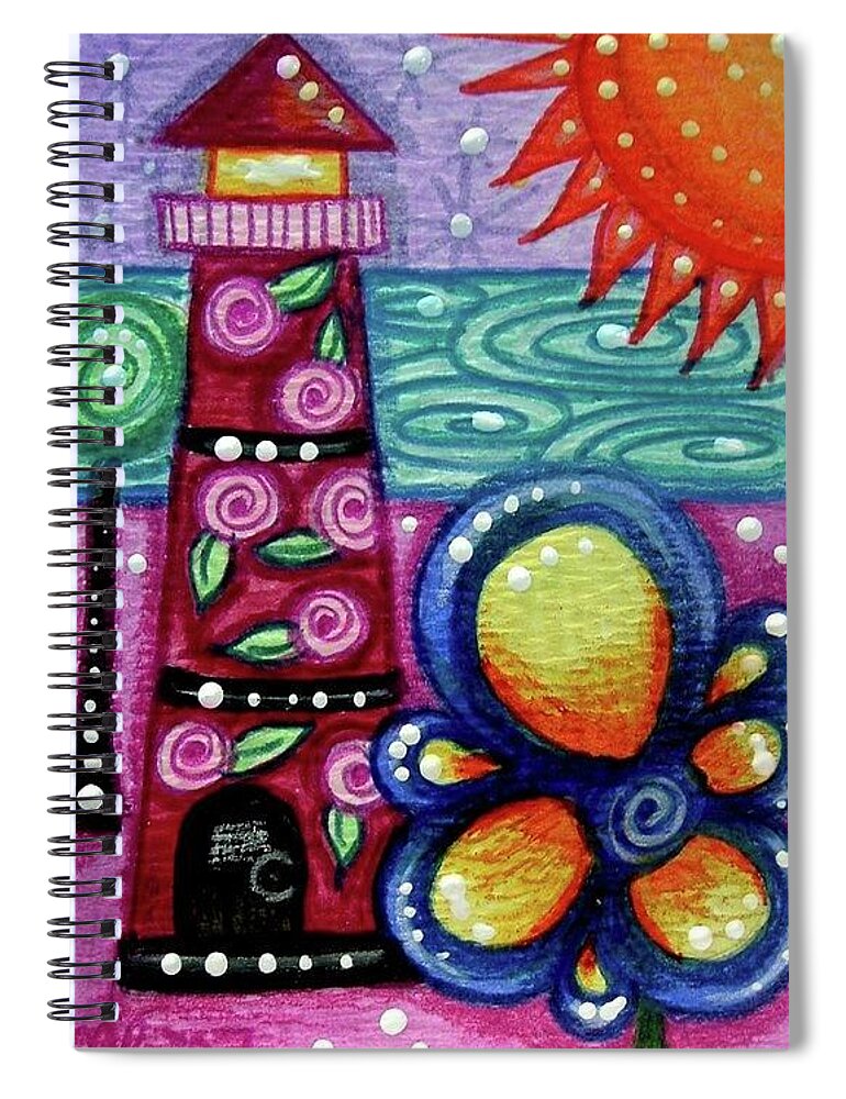 Lighthouse Spiral Notebook featuring the painting Whimsical Pink Rose Floral Lighthouse by Monica Resinger