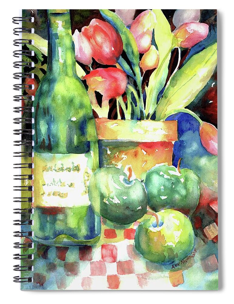 Watercolor Spiral Notebook featuring the painting Wine And Tulips #1 by Ann Nicholson