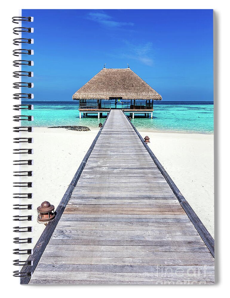 Maldives Spiral Notebook featuring the photograph Wooden jetty leading to relaxation lodge. Maldives islands #1 by Michal Bednarek