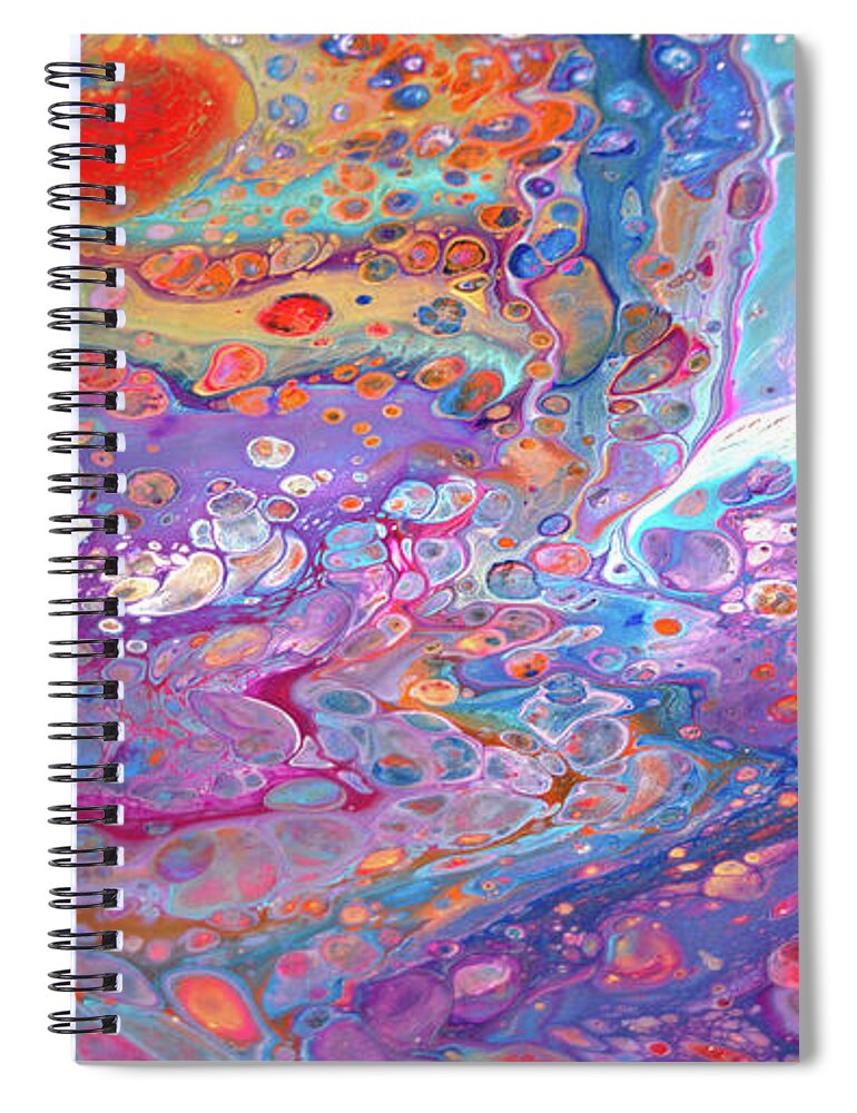 Liquid Acrylics Vibrant Lively Colorful Compelling Extraordinarily Beautiful Blue Dominates Gold Orange Purple Pink Turquoise Fuschia And White Spiral Notebook featuring the painting #149 Wet pour #149 by Priscilla Batzell Expressionist Art Studio Gallery