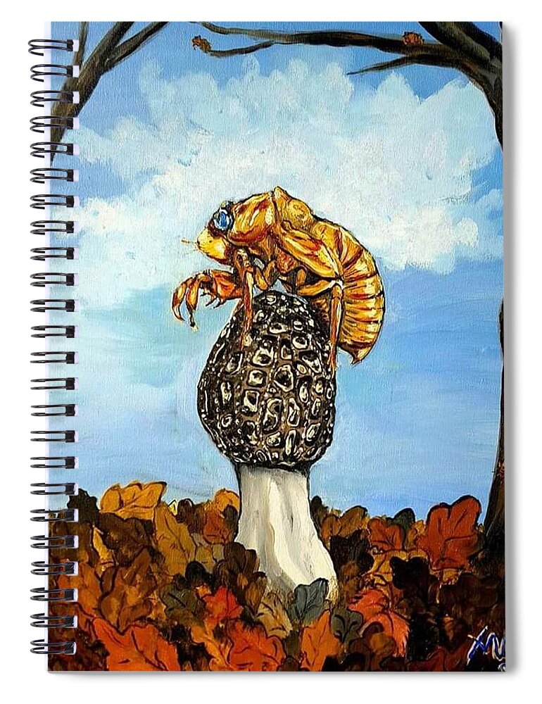 Morel Spiral Notebook featuring the painting 17 year Cicada With Morel by Alexandria Weaselwise Busen