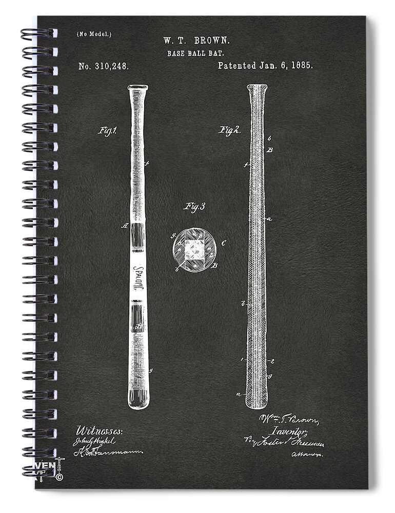 Baseball Spiral Notebook featuring the digital art 1885 Baseball Bat Patent Artwork - Gray by Nikki Marie Smith