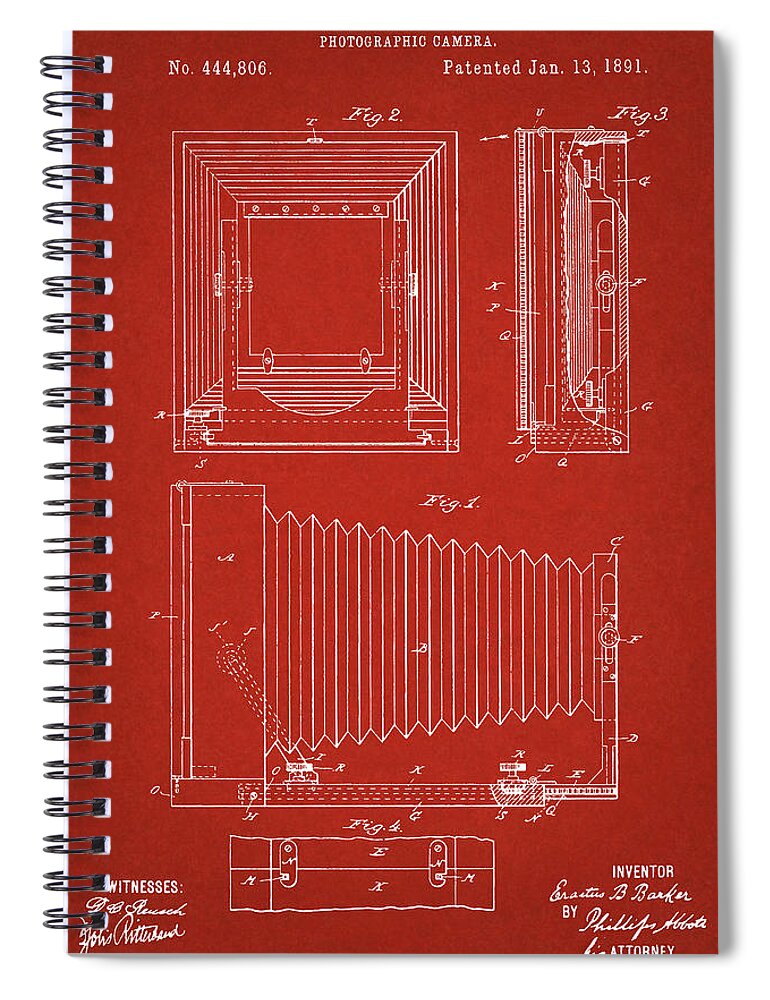 Patent Spiral Notebook featuring the digital art 1891 Camera US Patent Invention Drawing - Red by Todd Aaron
