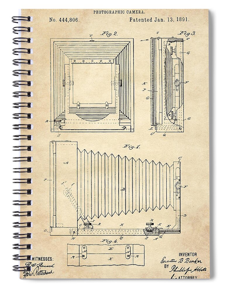 Patent Spiral Notebook featuring the digital art 1891 Camera US Patent Invention Drawing - Vintage Tan by Todd Aaron