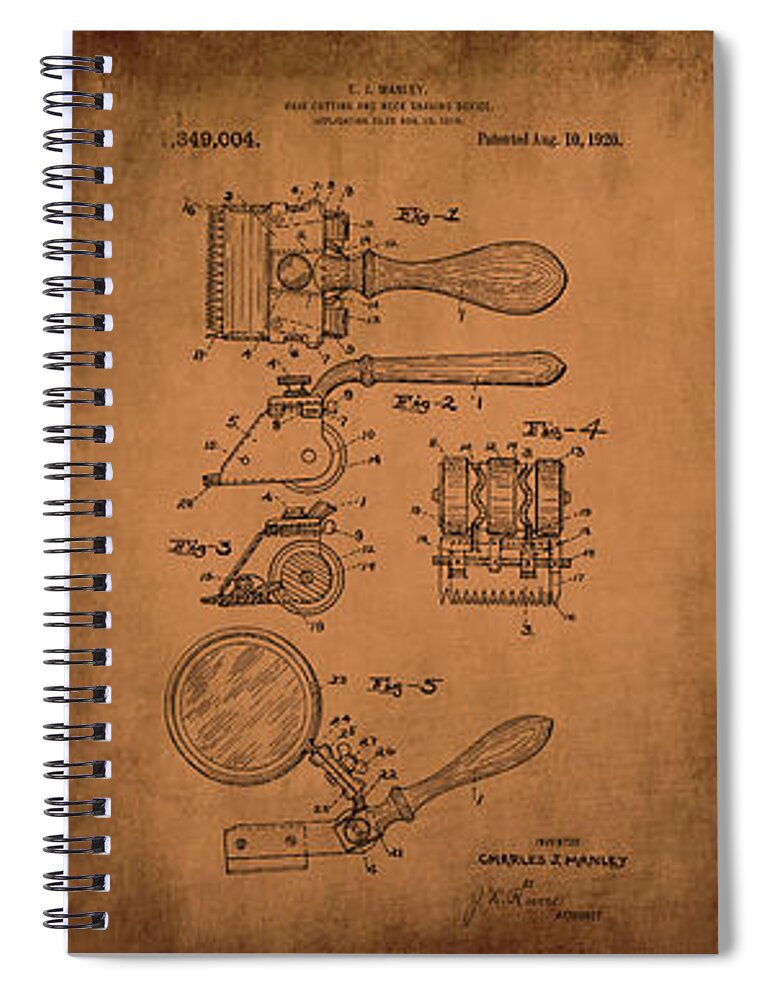 1920 Spiral Notebook featuring the mixed media 1920 Patent Razor Art McNaulty Manley Browning by Lesa Fine