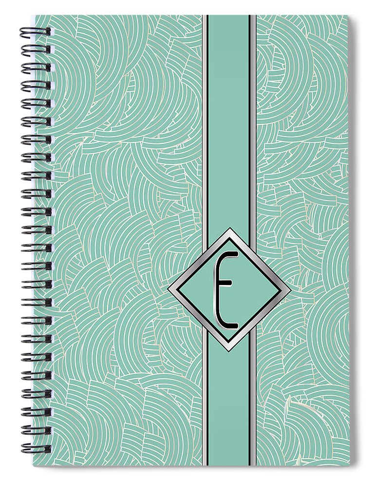 Monogrammed Spiral Notebook featuring the digital art 1920s Blue Deco Jazz Swing Monogram ...letter E by Cecely Bloom