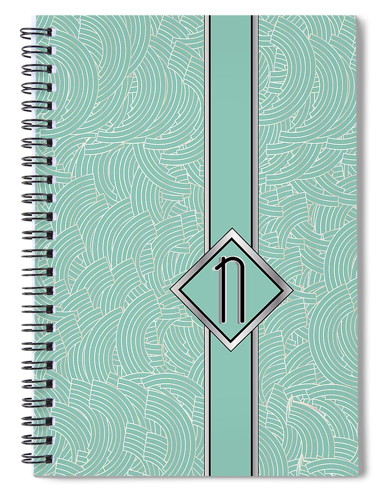 Monogrammed Spiral Notebook featuring the digital art 1920s Blue Deco Jazz Swing Monogram ...letter N by Cecely Bloom