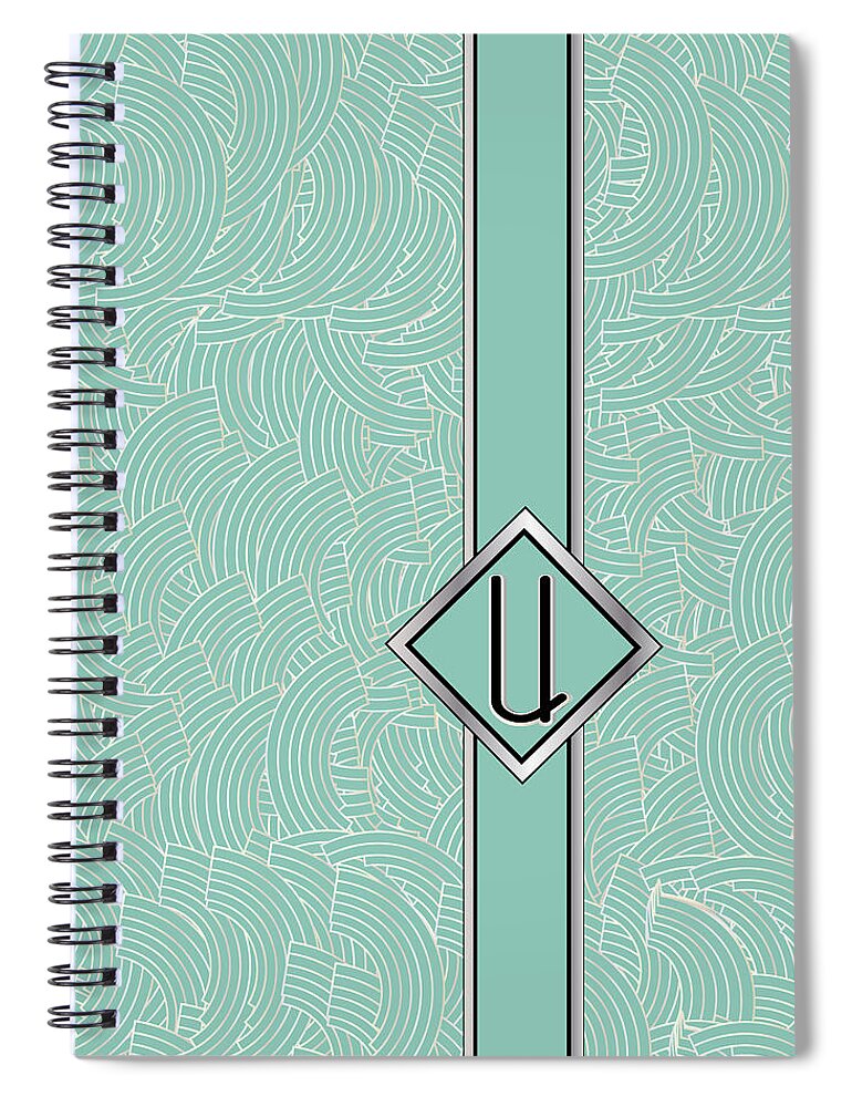 Monogrammed Spiral Notebook featuring the digital art 1920s Blue Deco Jazz Swing Monogram ...letter U by Cecely Bloom