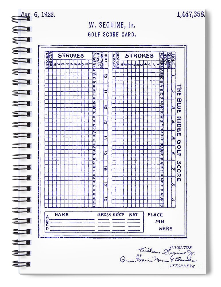Golf Club Spiral Notebook featuring the photograph 1923 Golf Score Card Patent Blueprint by Jon Neidert