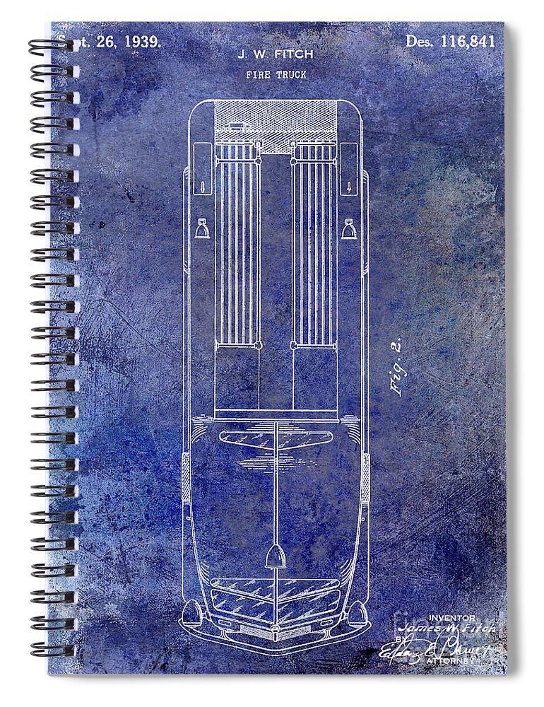 Fire Patent Drawing Spiral Notebook featuring the photograph 1939 Fire Truck Patent Blue by Jon Neidert