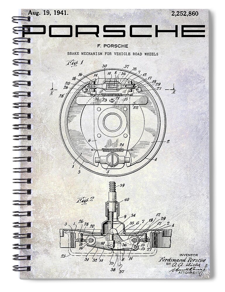 Porsche Patent Spiral Notebook featuring the photograph 1941 Porsche Brake Mechanism Patent by Jon Neidert