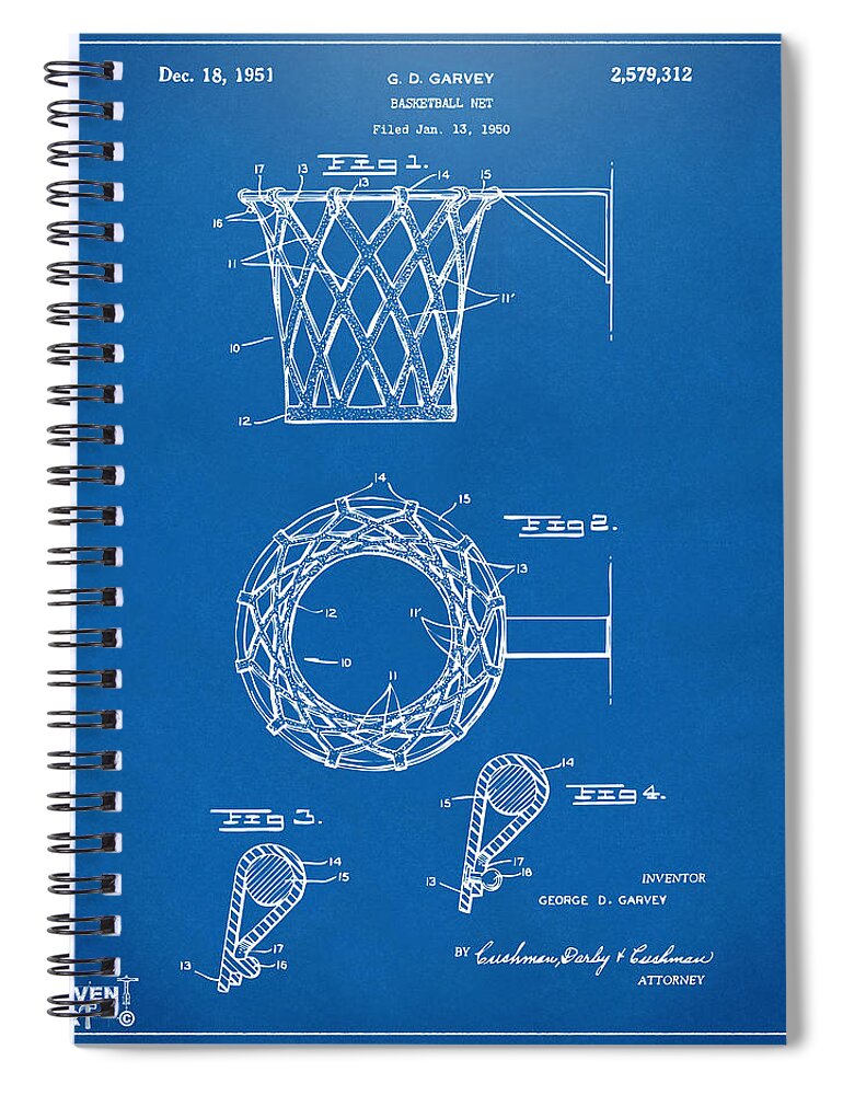 Basketball Spiral Notebook featuring the digital art 1951 Basketball Net Patent Artwork - Blueprint by Nikki Marie Smith