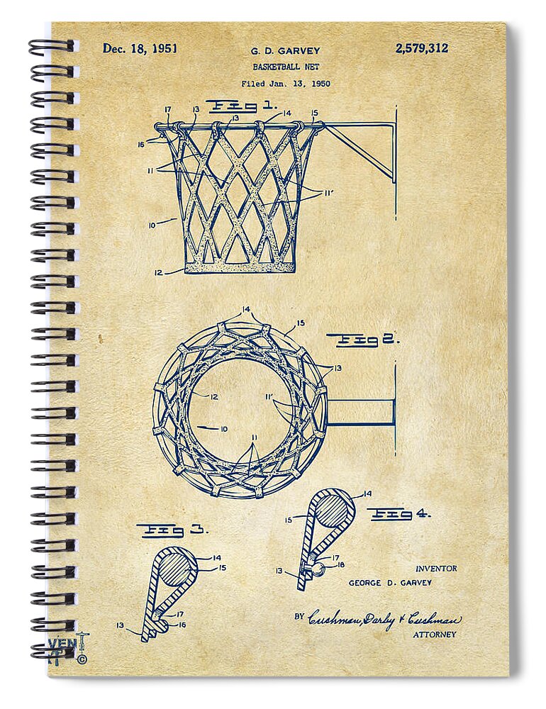 Basketball Spiral Notebook featuring the digital art 1951 Basketball Net Patent Artwork - Vintage by Nikki Marie Smith