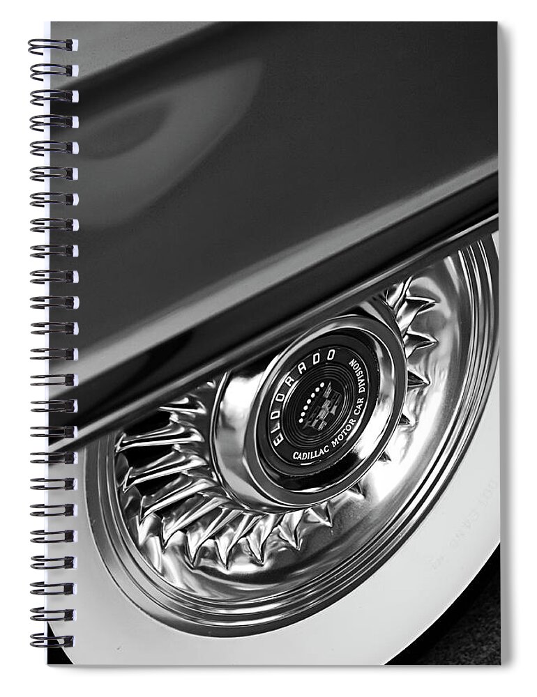 Car Spiral Notebook featuring the photograph 1956 Cadillac Eldorado Wheel Black and White by Jill Reger