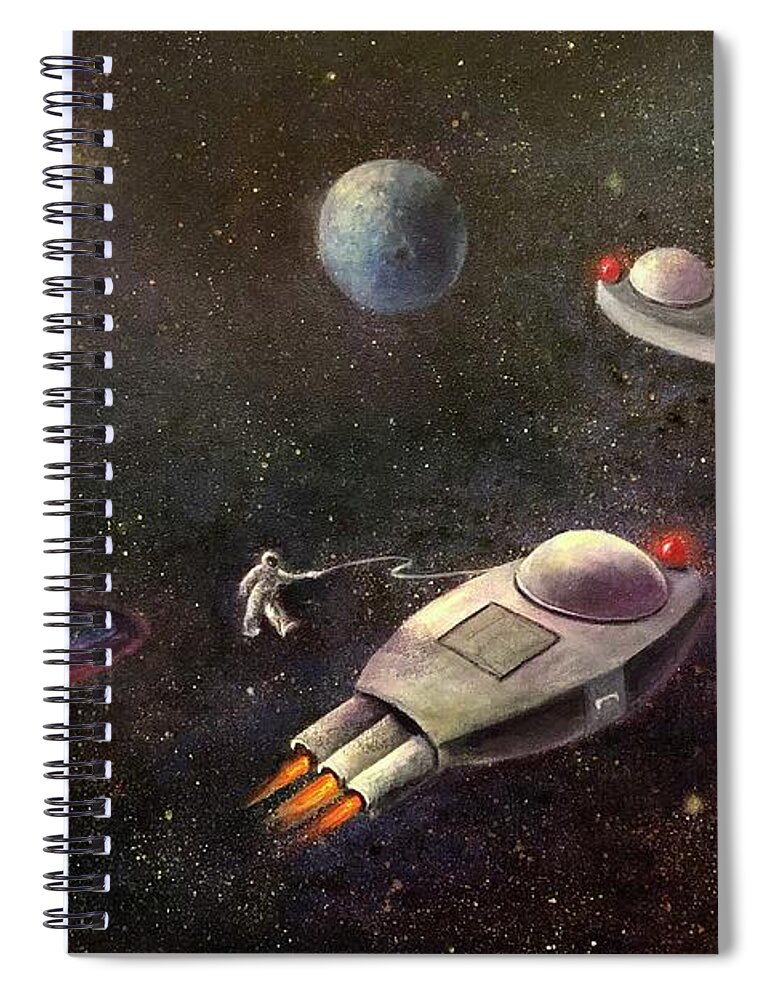 Outer Space Spiral Notebook featuring the painting 1960s Outer Space Adventure by Rand Burns