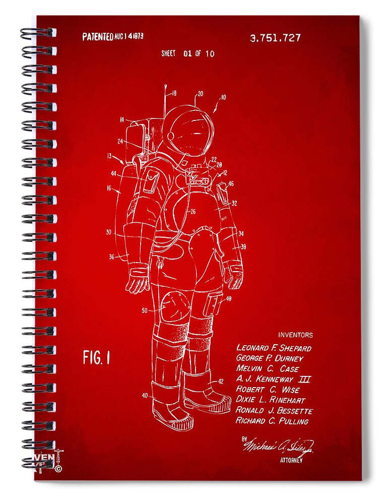 Space Suit Spiral Notebook featuring the digital art 1973 Space Suit Patent Inventors Artwork - Red by Nikki Marie Smith
