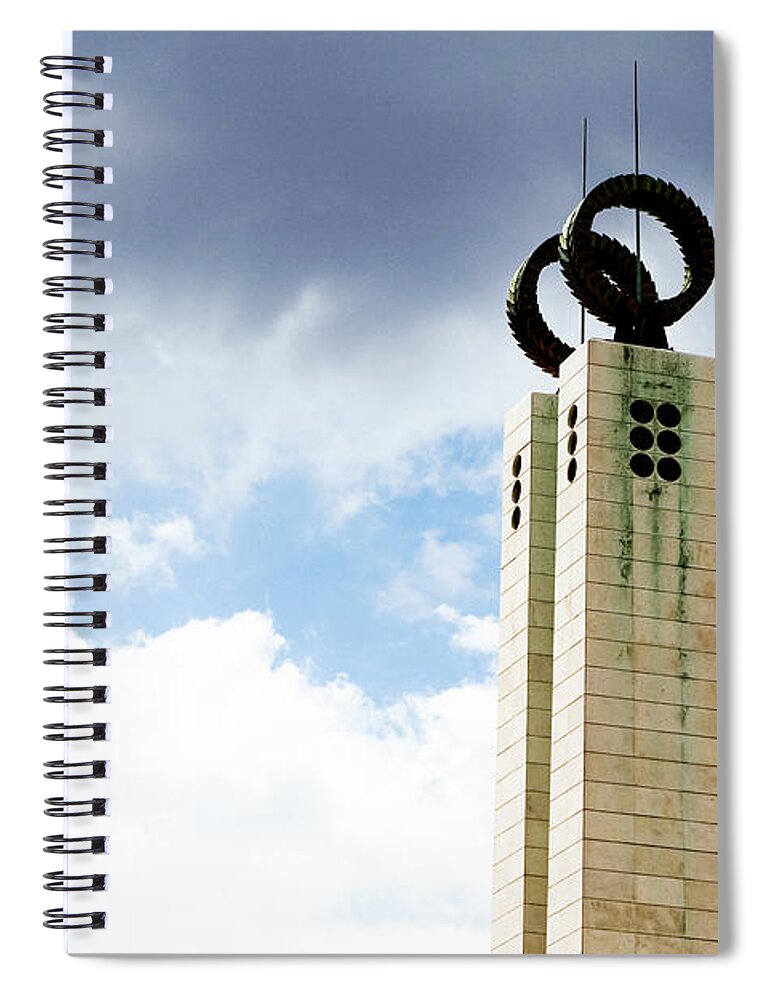 Lisbon Spiral Notebook featuring the photograph 1974 Revolution Memorial Wrapped in Clouds by Lorraine Devon Wilke