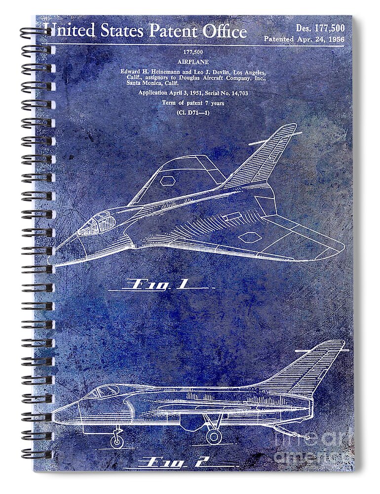 1956 Airplane Patent Spiral Notebook featuring the photograph 1956 Jet Airplane Patent 2 Blue #3 by Jon Neidert