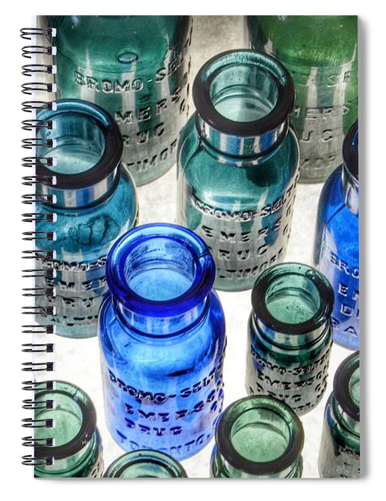 Bromo Seltzer Vintage Glass Bottles Spiral Notebook featuring the photograph Bromo Seltzer Vintage Glass Bottles Collection - Rare Greens #2 by Marianna Mills