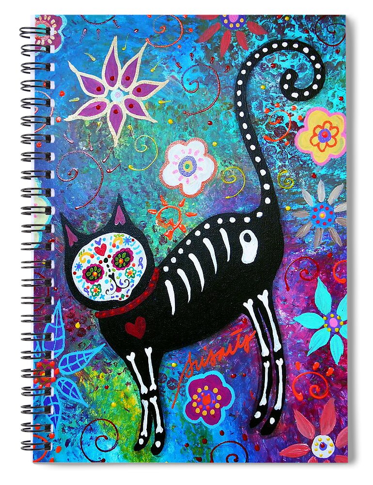 Day Of The Dead Spiral Notebook featuring the painting Cat Dia De Los Muertos #2 by Pristine Cartera Turkus