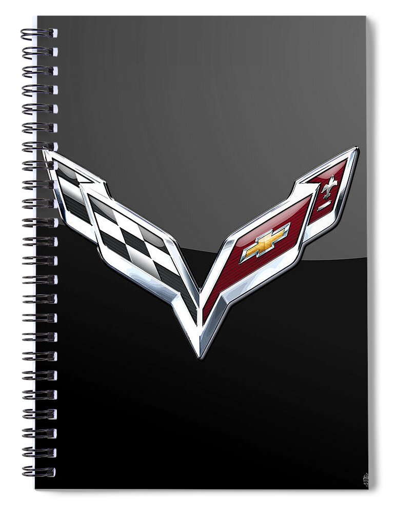 wheels Of Fortune Collection By Serge Averbukh Spiral Notebook featuring the photograph Chevrolet Corvette 3D Badge on Black #1 by Serge Averbukh