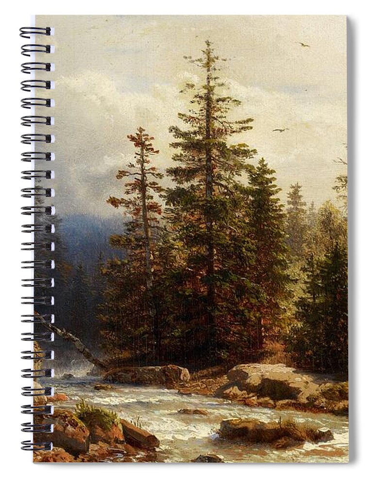 Andreas Achenbach Spiral Notebook featuring the painting Forest Landscape with an Angler by MotionAge Designs