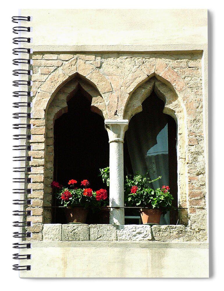 Windows And Doors Spiral Notebook featuring the photograph 2 Geraniums in Ornate Window by Donna Corless