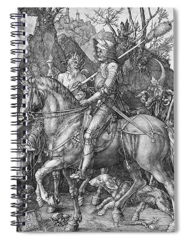 German Spiral Notebook featuring the drawing Knight Death And The Devil by Troy Caperton