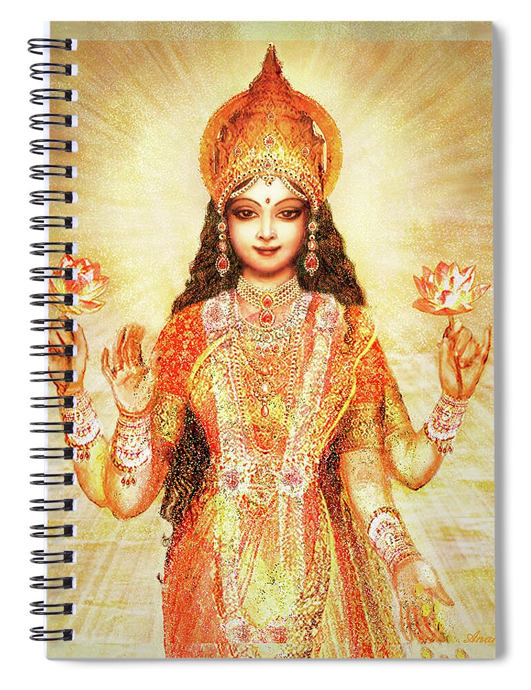 Lakshmi Spiral Notebook featuring the mixed media Lakshmi the Goddess of Fortune and Abundance #2 by Ananda Vdovic