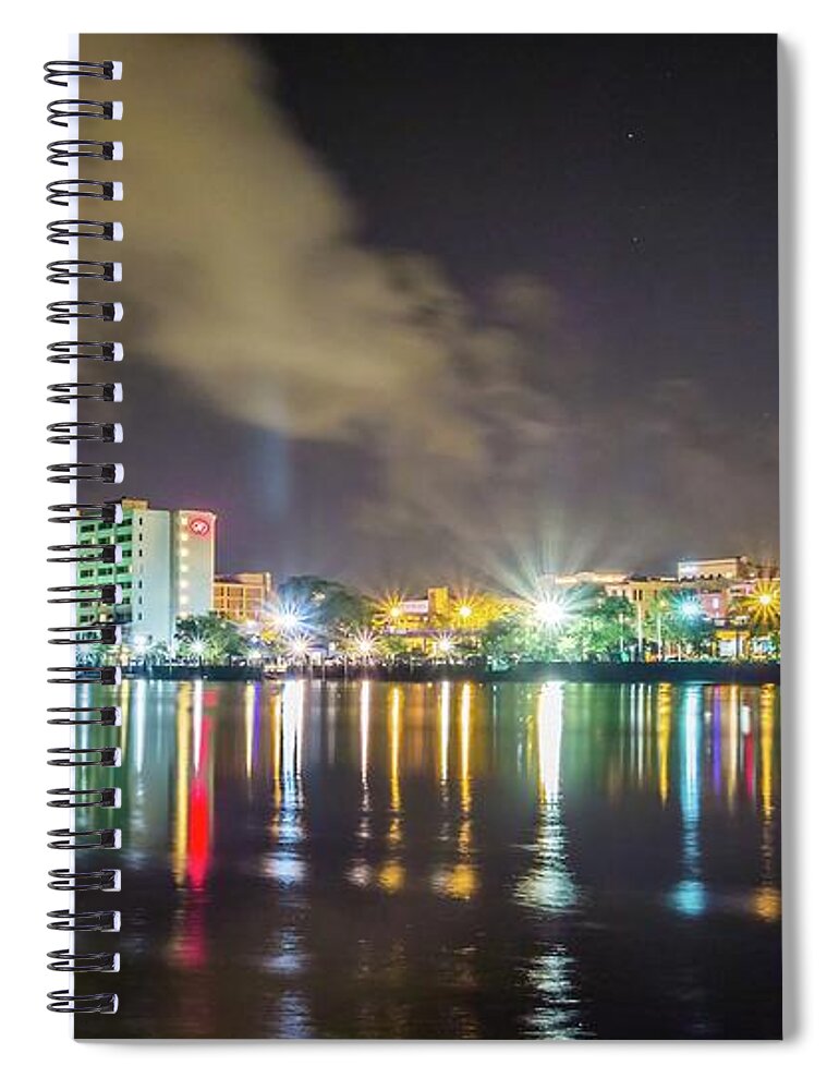 Riverfront Spiral Notebook featuring the photograph Riverfront Board Walk Scenes In Wilmington Nc At Night #2 by Alex Grichenko