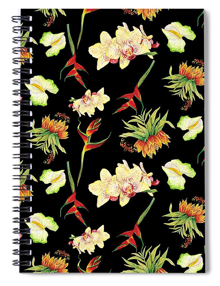 Orchid Spiral Notebook featuring the painting Tropical Island Floral Half Drop Pattern by Audrey Jeanne Roberts