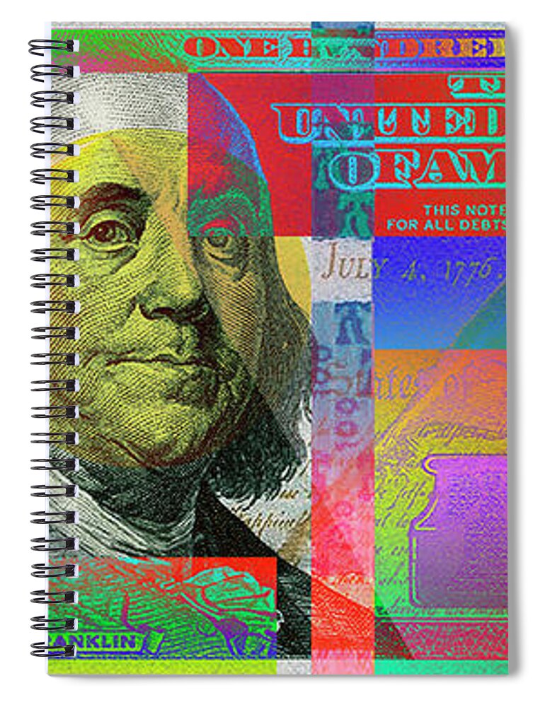 'paper Currency' Collection By Serge Averbukh Spiral Notebook featuring the digital art 2009 Series Pop Art Colorized U. S. One Hundred Dollar Bill No. 1 by Serge Averbukh