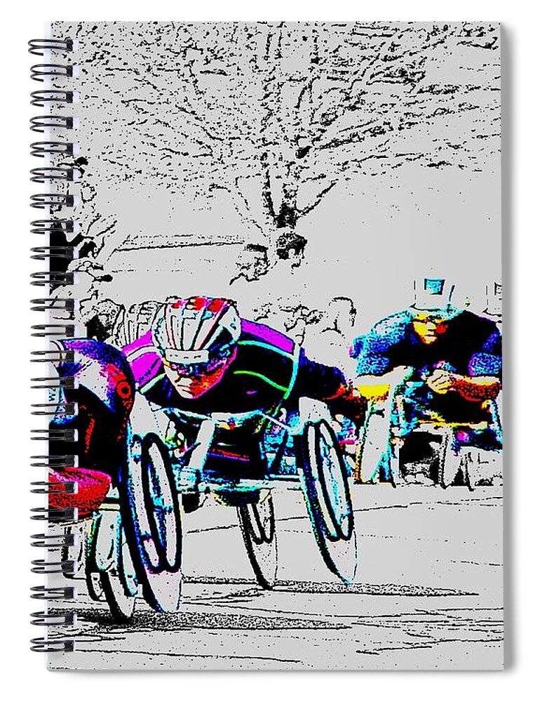 Baa Spiral Notebook featuring the painting 2016 Boston Marathon Wheelchairs by Cliff Wilson