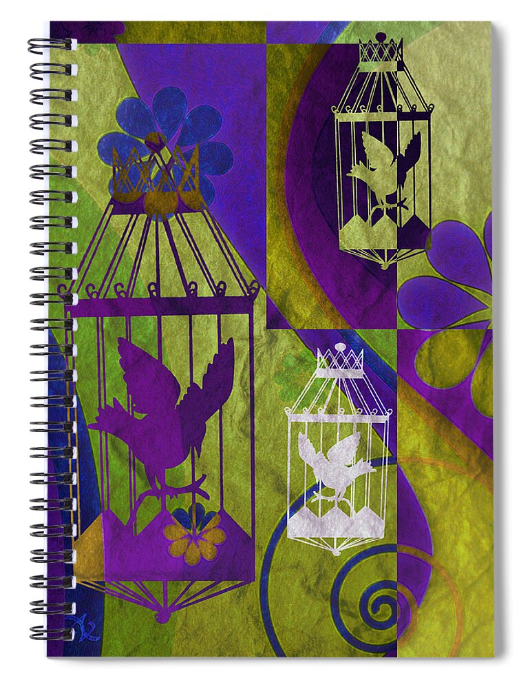 Silhouette Spiral Notebook featuring the mixed media 3 Caged Birds by Angelina Tamez