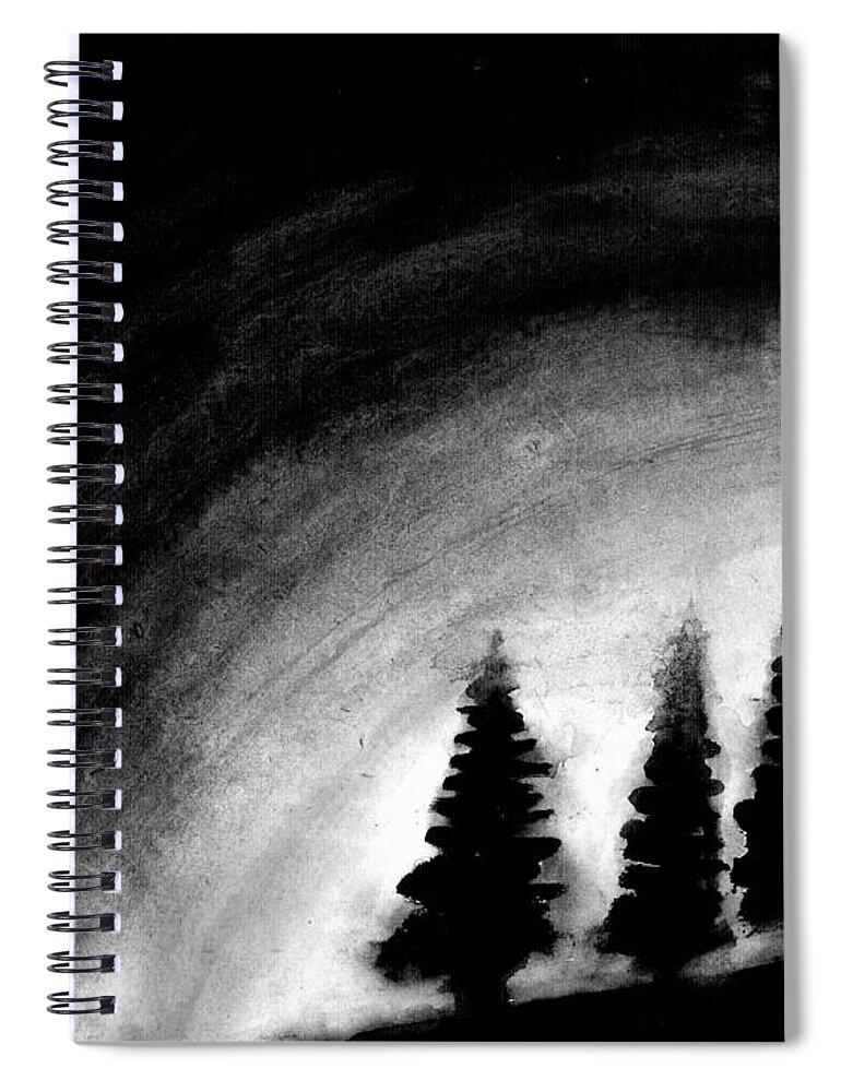 Wallpaper Buy Art Print Phone Case T-shirt Beautiful Duvet Case Pillow Tote Bags Shower Curtain Greeting Cards Mobile Phone Apple Android Black White Trees Nature Hills Woods Haunted Spiral Notebook featuring the painting 4 Pines by Salman Ravish
