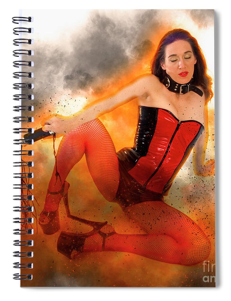 Latex Spiral Notebook featuring the photograph Woman aged 30 in red and black latex #4 by Humorous Quotes