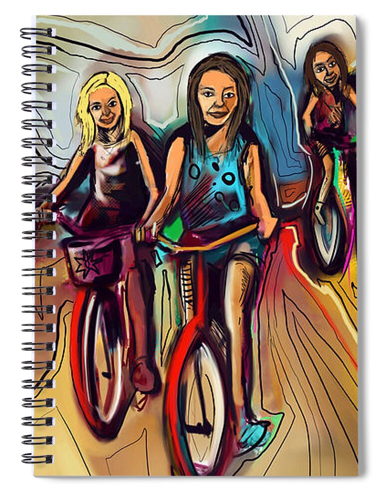  Spiral Notebook featuring the painting 5 Bike Girls by John Gholson