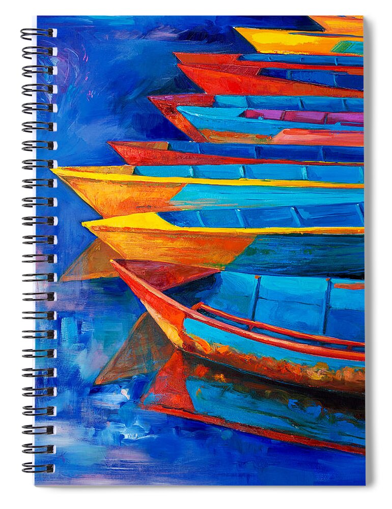 Modent Impressionism Spiral Notebook featuring the painting Boats at sunset #2 by Boyan Dimitrov