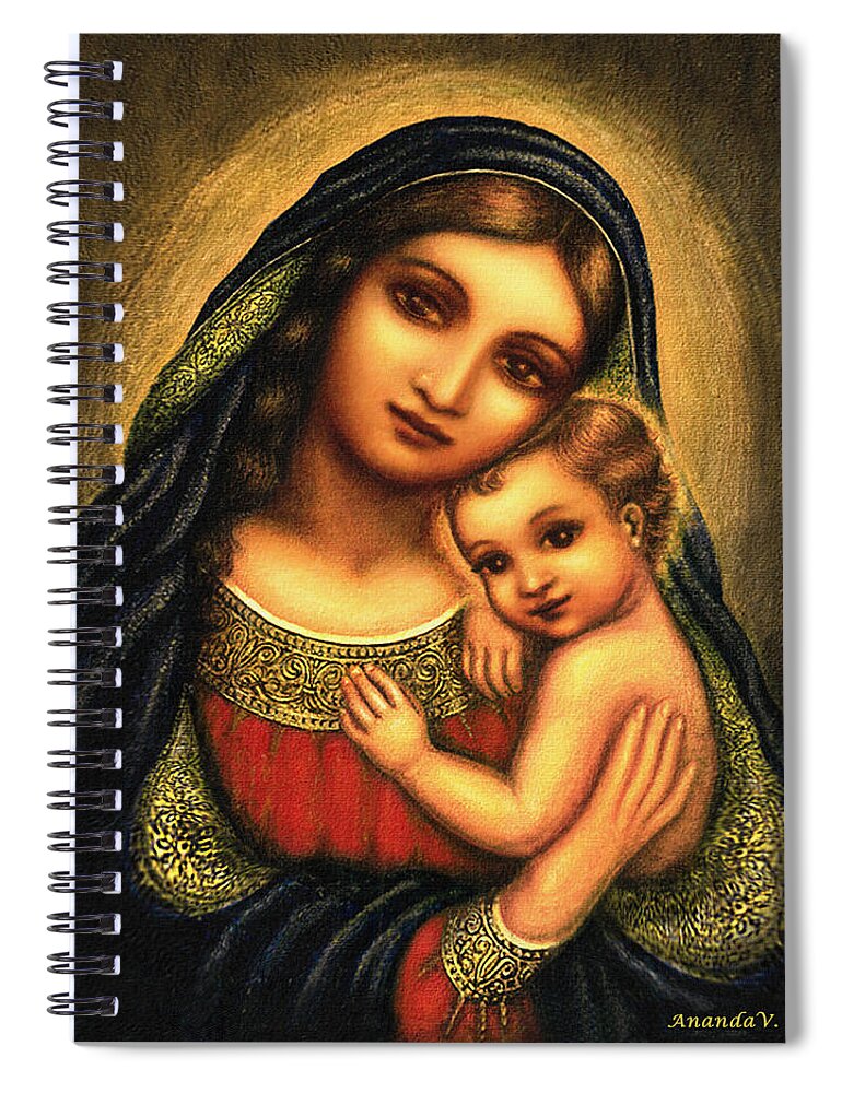 Madonna And Child Spiral Notebook featuring the mixed media Oval Madonna #6 by Ananda Vdovic