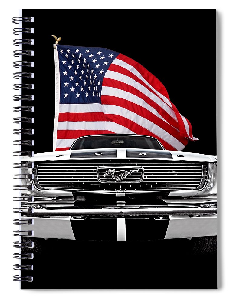 Mustang Spiral Notebook featuring the photograph 66 Mustang With U.S. Flag On Black by Gill Billington
