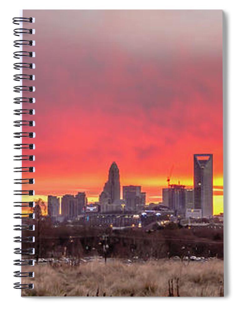 Red Spiral Notebook featuring the photograph Charlotte The Queen City Skyline At Sunrise #7 by Alex Grichenko